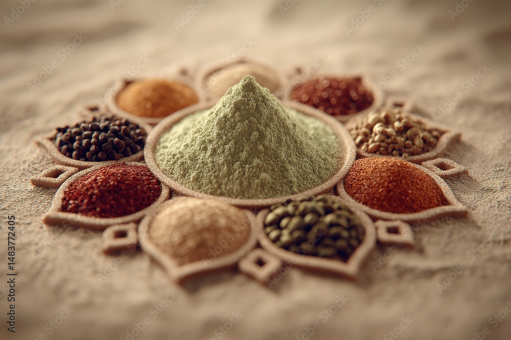 Poster spices and herbs arranged in circular pattern on neutral surface, sharp textures and colors