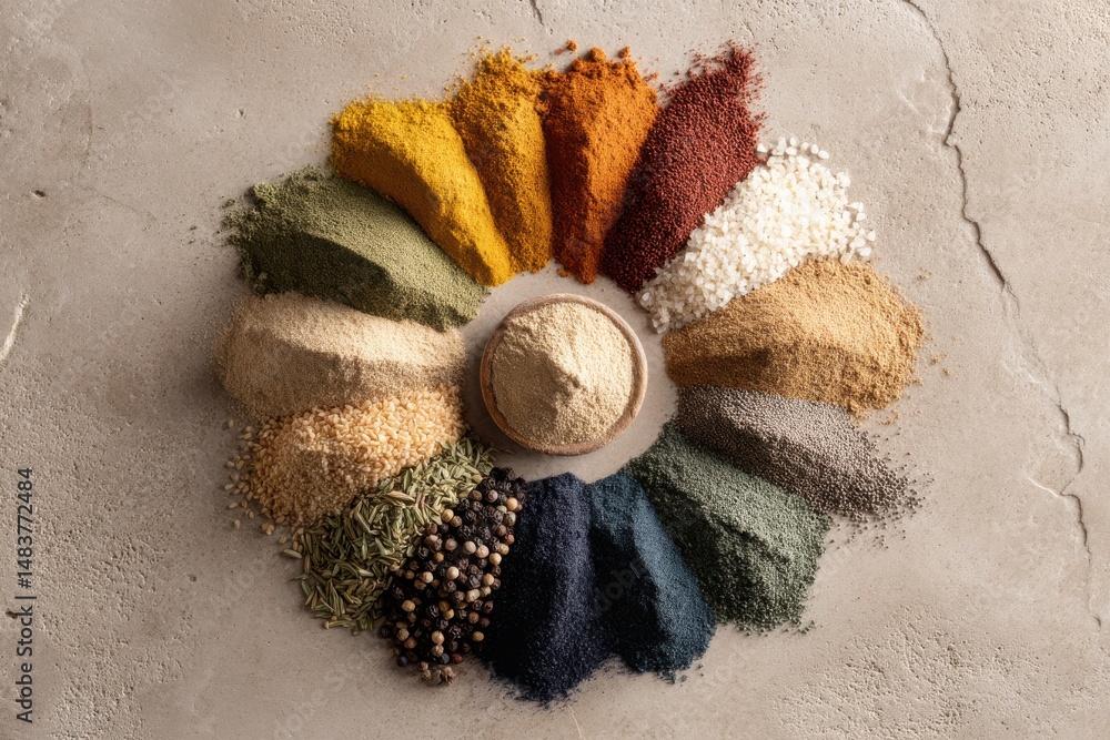 Poster assortment of vibrant and colorful spices arranged in a circle, creating a visually appealing and fl