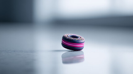 A colorful macaron resting on a reflective surface, showcasing its vibrant texture.