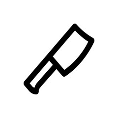 Illustration of a cleaver knife with a thick blade and handle shown in a simple black outline design