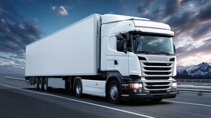 Speeding white semi truck traversing highway with snow capped mountain range, dramatic cloudy sunset illuminating long haul transportation scene
