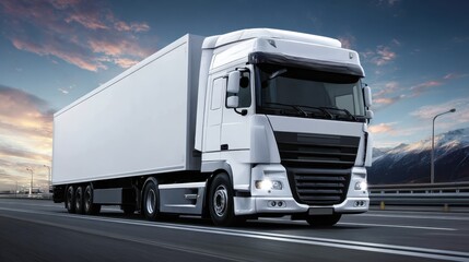 Semi truck cruising highway during golden sunset, hauling cargo past snow capped mountain range under dramatic evening light