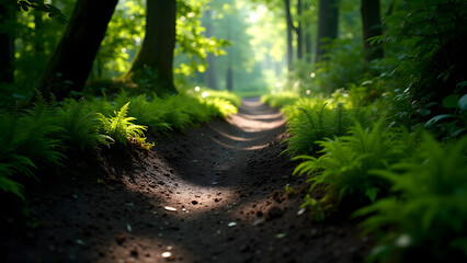 Shadowy forest path of dark earth under green canopy, dappled sunlight, mysterious nature trail.