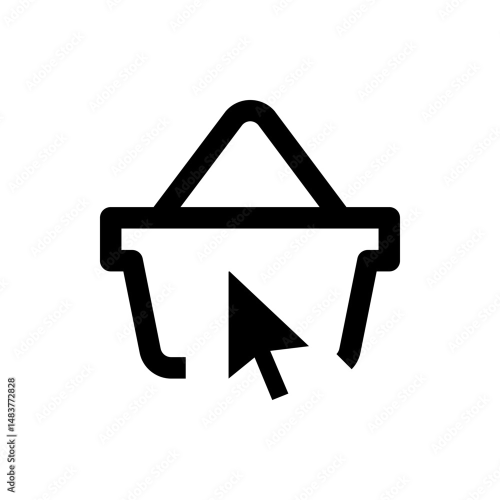 Poster illustration of a black shopping basket with a cursor pointing inside on a white background design v