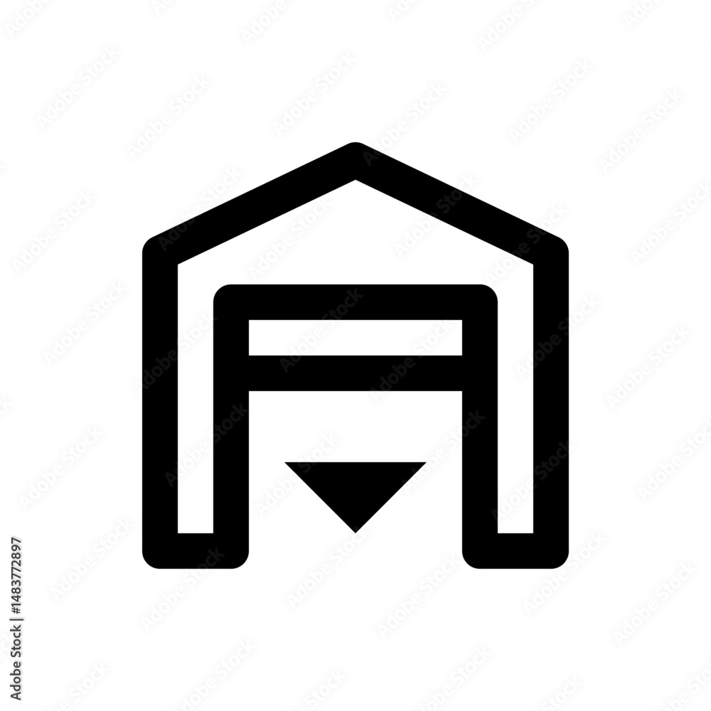 Poster abstract representation of a house with an arrow pointing down in a minimalist black and white style