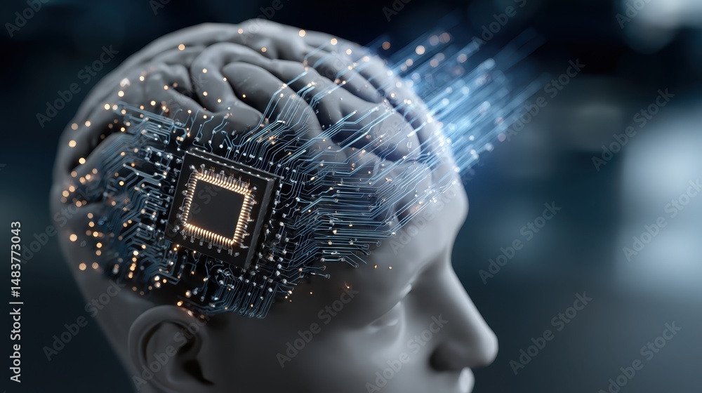 Poster robotic neural network processing, glowing ai circuits illuminating technological evolution with rad