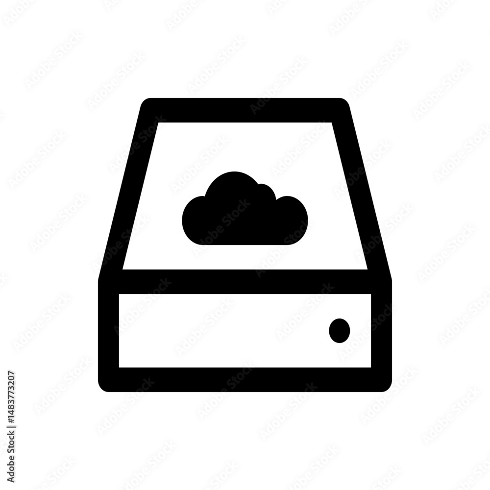 Poster illustration of a cloud inside a storage drive with a power button in a simple black and white style