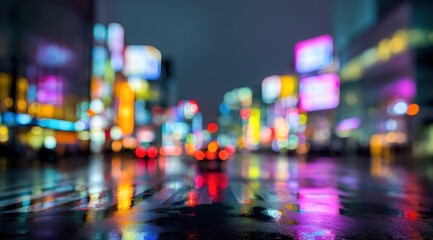 Obraz premium Blurred city lights reflecting on rain soaked pavement, generating luminous urban landscape with vibrant color gradient and nighttime shimmer