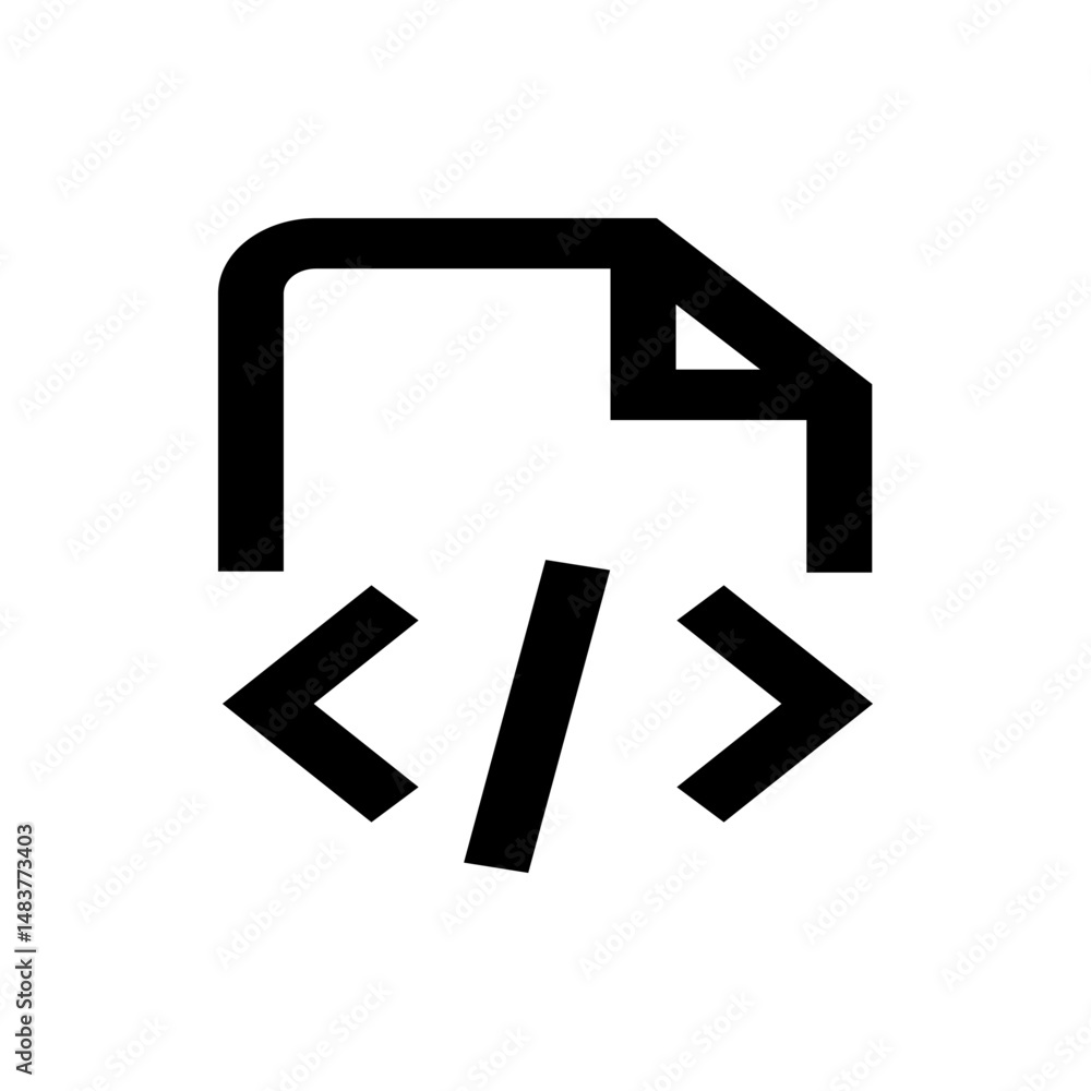 Fototapete black and white icon of a document with a folded corner and coding symbols below it in simple style