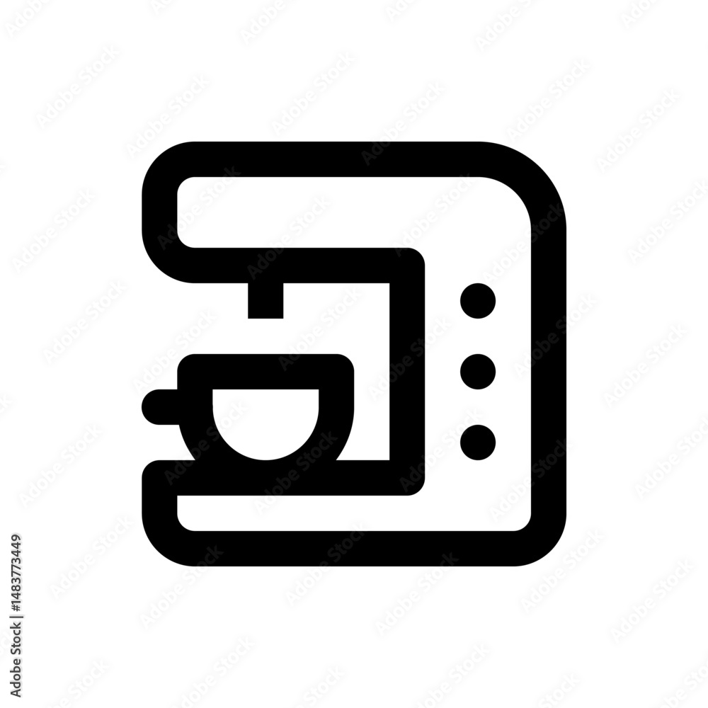 Poster a simple black and white icon of a coffee maker with a cup, featuring a minimalist design and three 