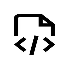 Black and white icon of a document with a folded corner and coding symbols below it in simple style