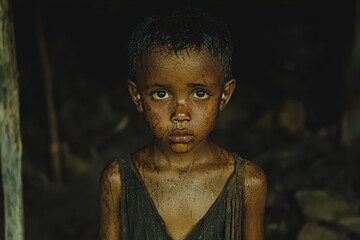Portrait of little kid, dirty boy standing in poor african village, concept of hunger
