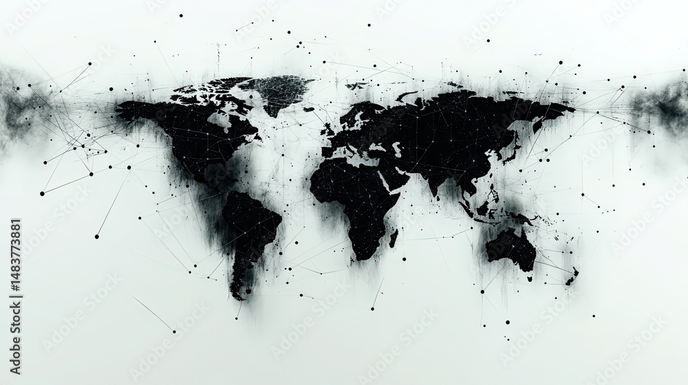 Poster abstract world map with connected dots and lines on a white background in black and white tones