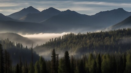 Mountain range landscape with fog and trees.