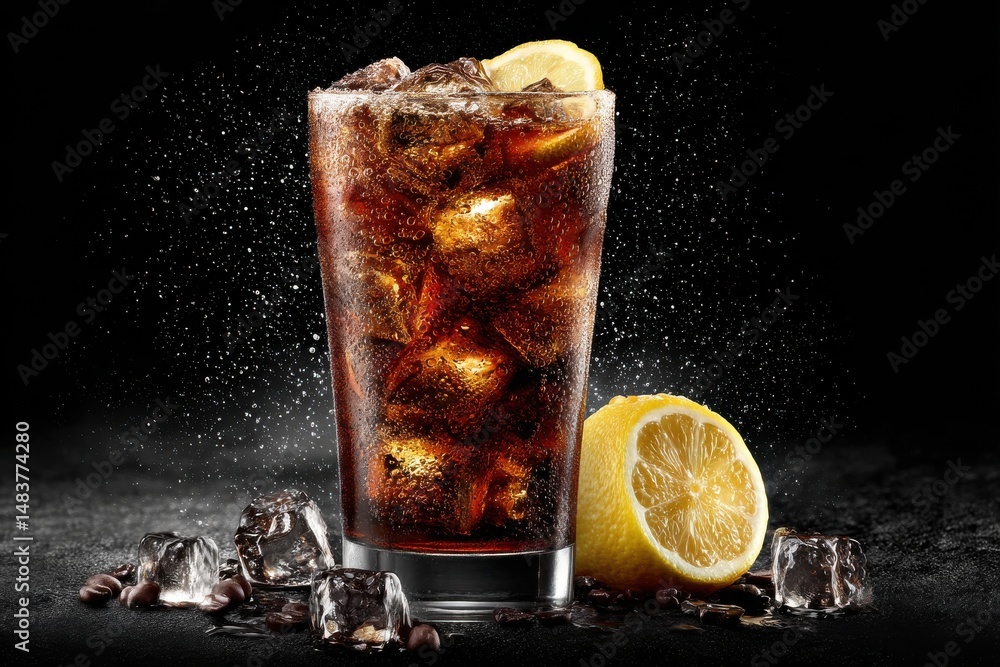 Aufkleber a refreshing glass of cola with ice cubes and a lemon slice, standing on a black surface with water 