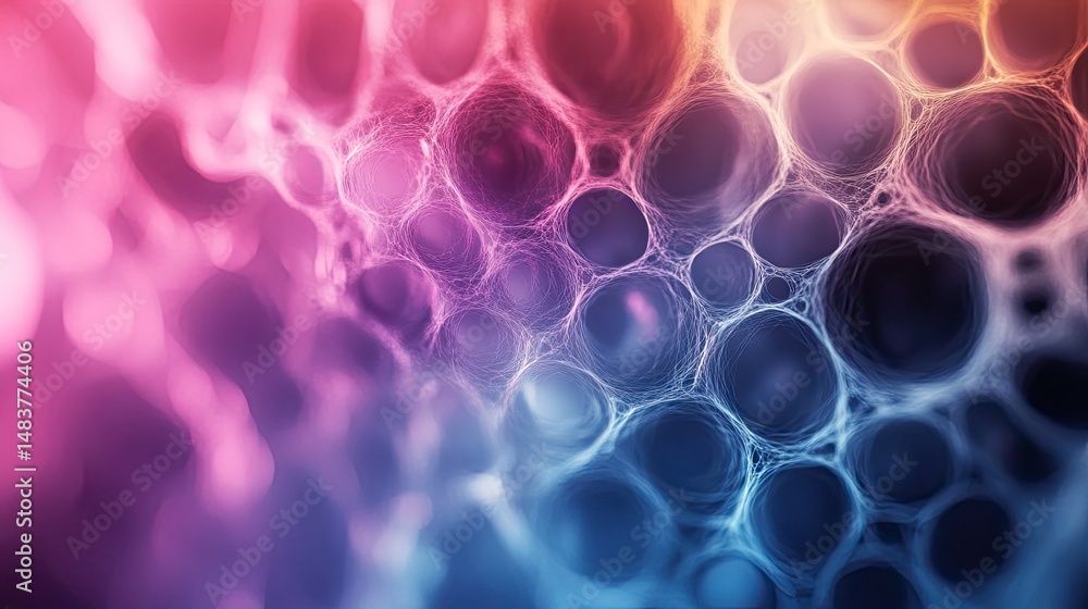 Poster abstract cell like structure with pink purple and blue gradient background and intricate details