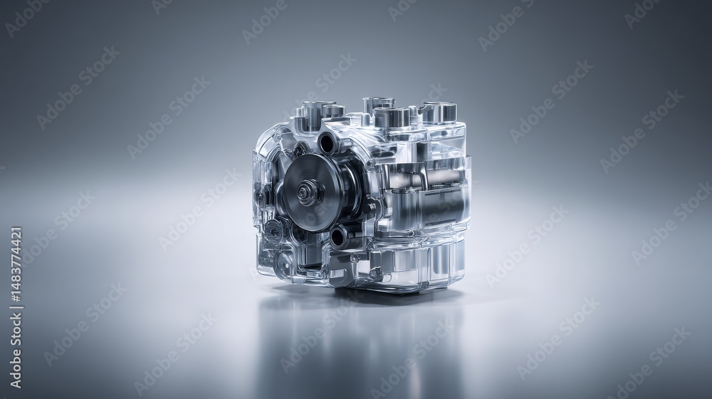 Poster a detailed view of a mechanical part, showcasing precision and engineering design.
