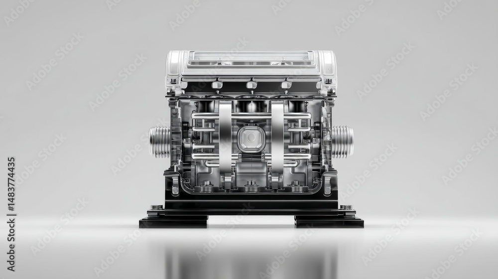 Poster a detailed view of a metallic engine model showcasing advanced mechanics.
