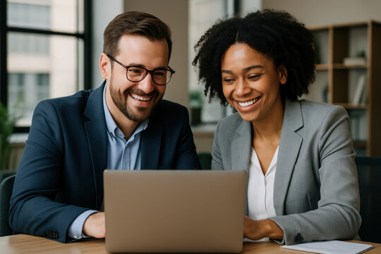 Man and woman focused on laptop screen.