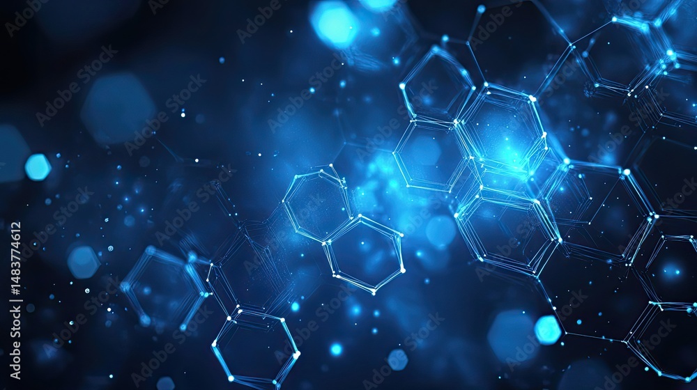 Poster abstract blue background featuring interconnected hexagon shapes with glowing light points