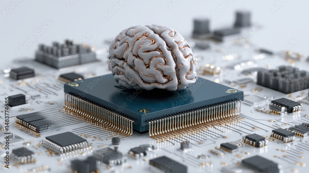 Aufkleber metallic white gold ai brain sitting on electronic microchip, highlighting machine learning neural n