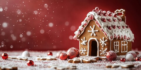 Christmas xmas advent gingerbread house celebration holiday greeting card - Gingerbreadhouse made of cookies and white icing, isolated on red background (Generative