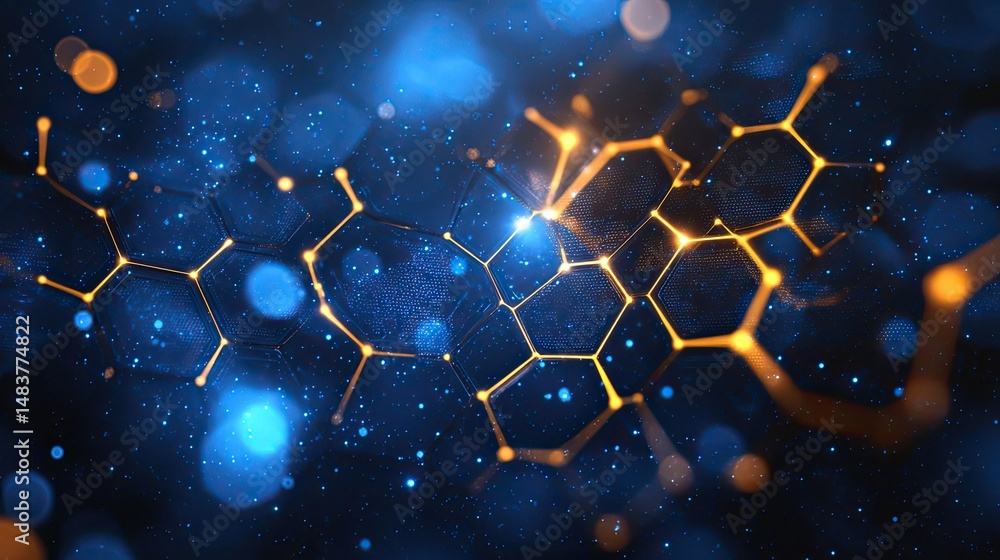 Poster glowing molecular structure with blue background and bokeh effects in a dark environment