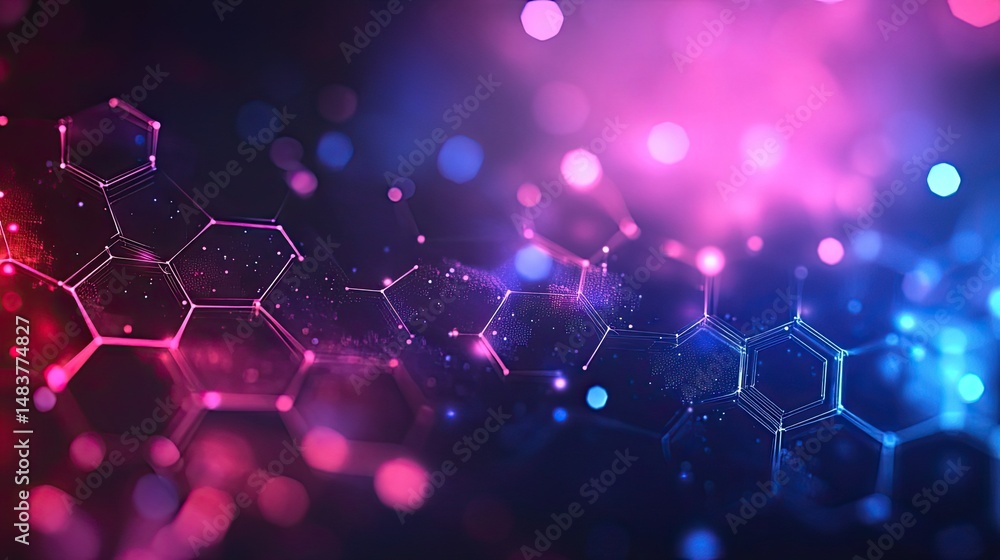 Poster abstract background with glowing hexagon shapes and bokeh lights in pink and blue colors