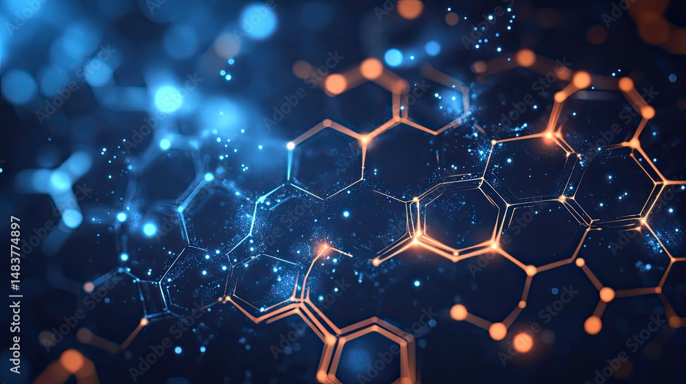 Poster abstract glowing network of blue and orange hexagons with connecting lines and small dots