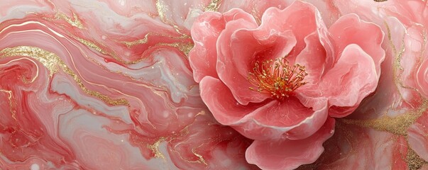 Abstract marble marbled stone ink liquid fluid painted painting texture luxury background banner - Pink petals, blossom flower swirls gold painted lines