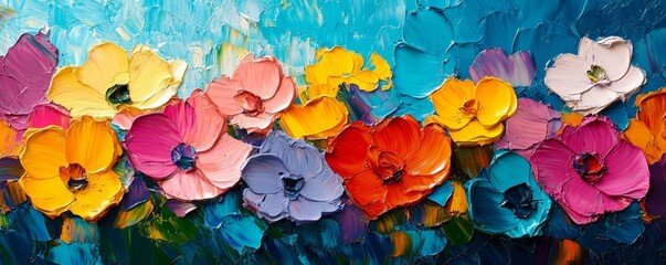Closeup of abstract rough colorful multicolored organic floral spring flowers art painting texture, with oil acrylic brushstroke, pallet knife paint on canvas wallpaper (Generative