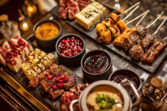 An elegant charcuterie board featuring an array of meats, skewers and dips, perfect for a restaurant dining experience, showcasing diverse flavors, textures, and visual appeal.