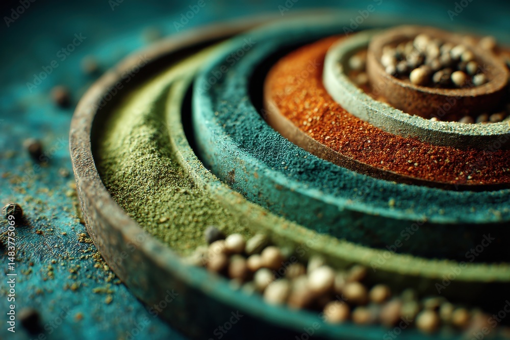 Poster a vibrant close-up shot of colorful spices arranged in concentric circles, creating a visually appea
