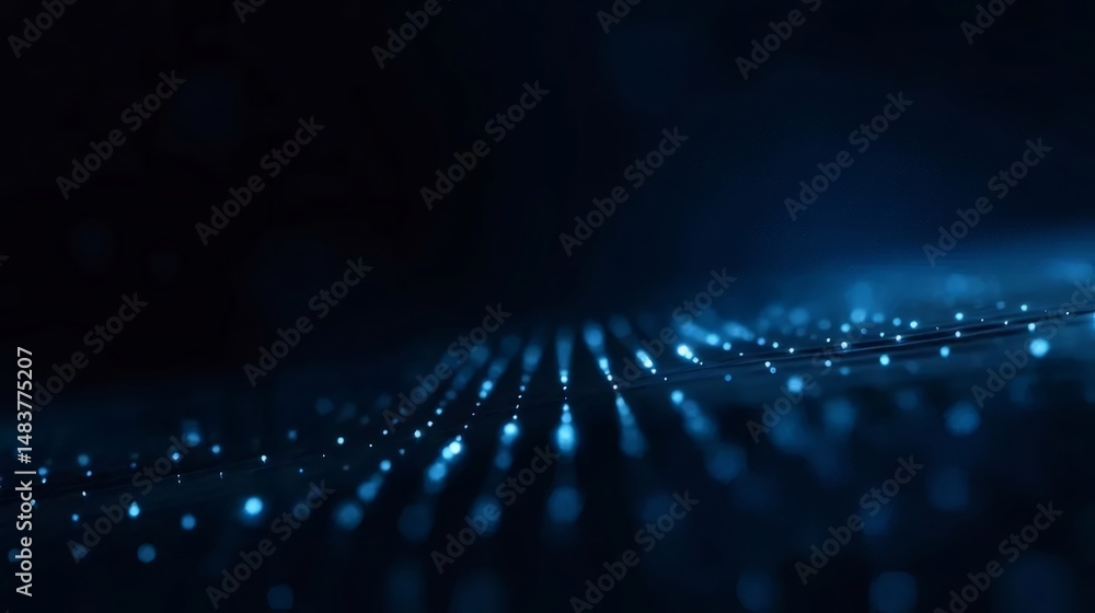 Poster 暗い背景に浮かぶ青い光の抽象的な波 未来的なデジタルテクノロジーネットワークの概念を示す背景画像