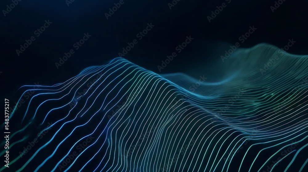 Aufkleber 青と緑の抽象的な波状の地形背景デジタル テクノロジーの未来的なネットワーク接続パターン グラデーション ライトと曲線が特徴