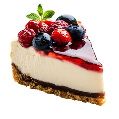 Classic creamy cheesecake topped with berries and mint leaves decoration