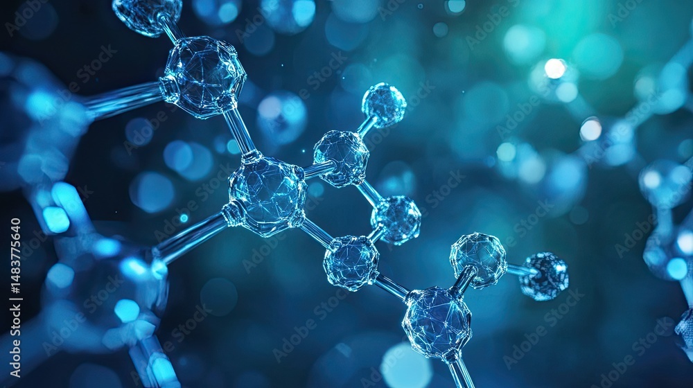 Aufkleber close up view of a blue molecular structure with connecting bonds and blurred background elements