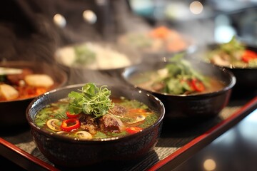 A delicious, steaming bowls of gourmet beef stew on a serving tray, garnished with fresh herbs and colorful peppers, perfect for a cozy, warm meal at a fine dining restaurant.