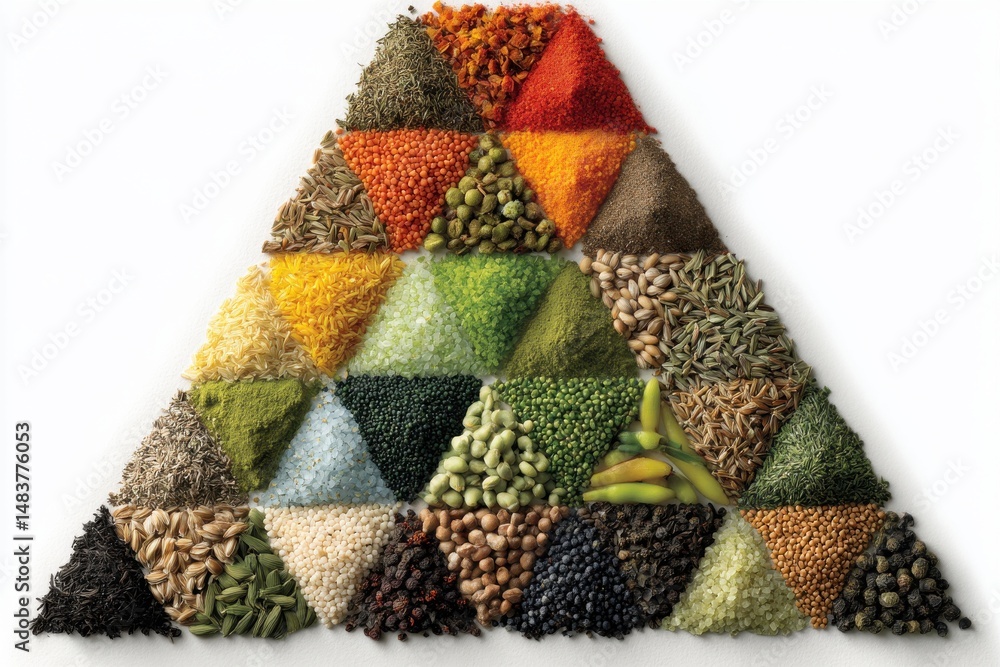 Poster a colorful display of various spices and lentils arranged in a triangular shape, offering a diverse 