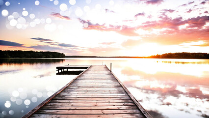 Fototapeta premium Dreamy Sunset Reflections Over Lake with Soft Bokeh Effects