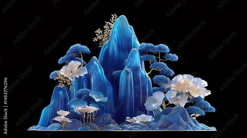Aufkleber 青と白の山の風景 金色のアクセントと黒の背景にミニマルなピクセルアートスタイルで表現された穏やかな自然の美しさ