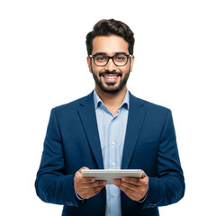 Confident Businessman in Formal Suit Using Tablet – Smiling Male Professional with Glasses on Transparent Background