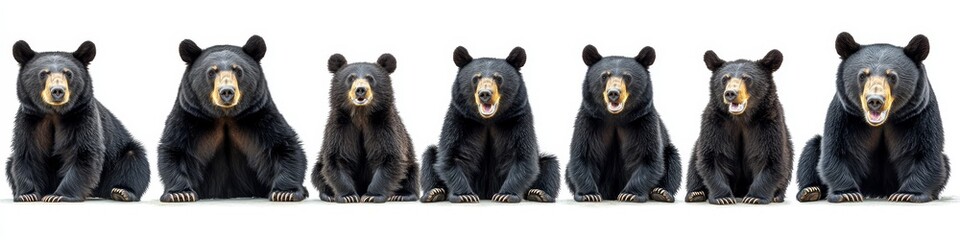 Obraz premium Wildlife animals bears banner panorama long - Collection of standing, sitting, screaming, lying group of american black bear (Ursus americanus), isolated on white background (Generative
