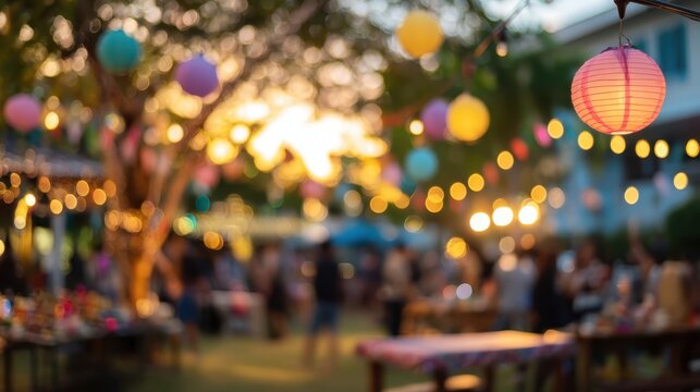 Vibrant night festival atmosphere, soft focus paper lanterns glowing, hanging string lights illuminating crowd enjoying street food, beverages, social interactions