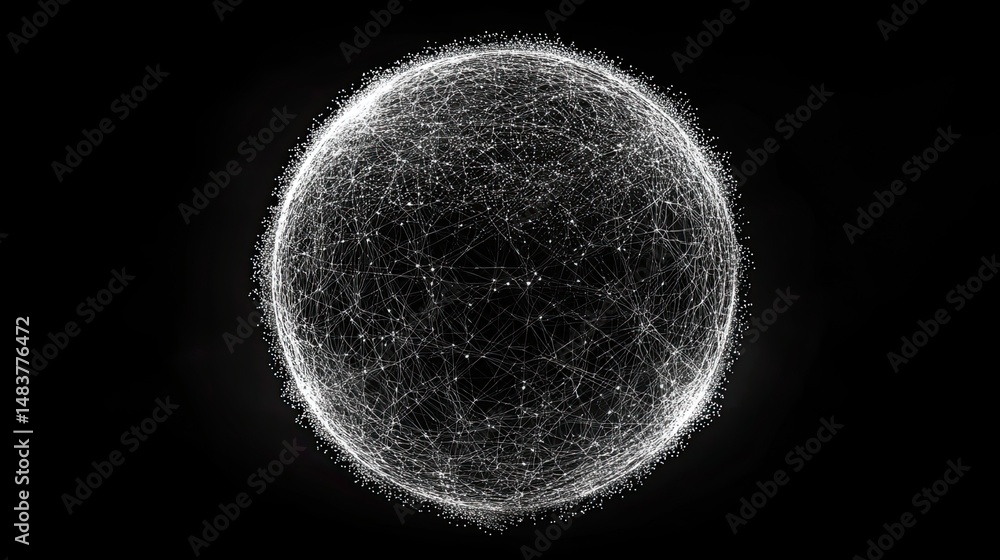 Poster a glowing sphere of interconnected white lines and dots against a black background in a dark space
