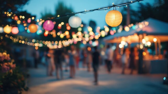 Paper lanterns glowing overhead, illuminating blurred crowd celebrating street party with festive energy, radiating warmth and communal spirit during nighttime gathering