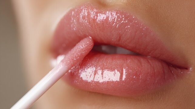 Close-up shot highlighting the application of shimmering lip gloss, creating a glossy and luscious effect, emphasizing beauty and cosmetic enhancement.