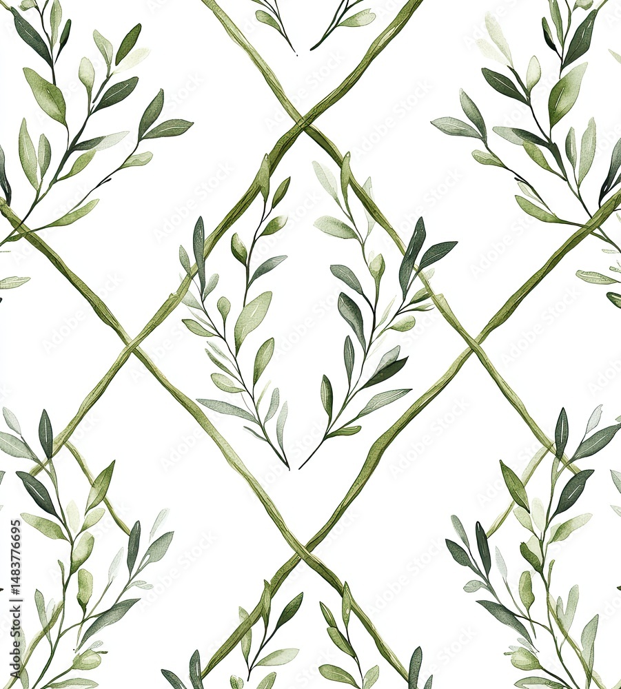 Poster delicate green foliage pattern on a white background, featuring intersecting branches and leaves in 