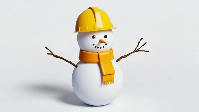 Snowman builder wearing yellow helmet and orange scarf on white background