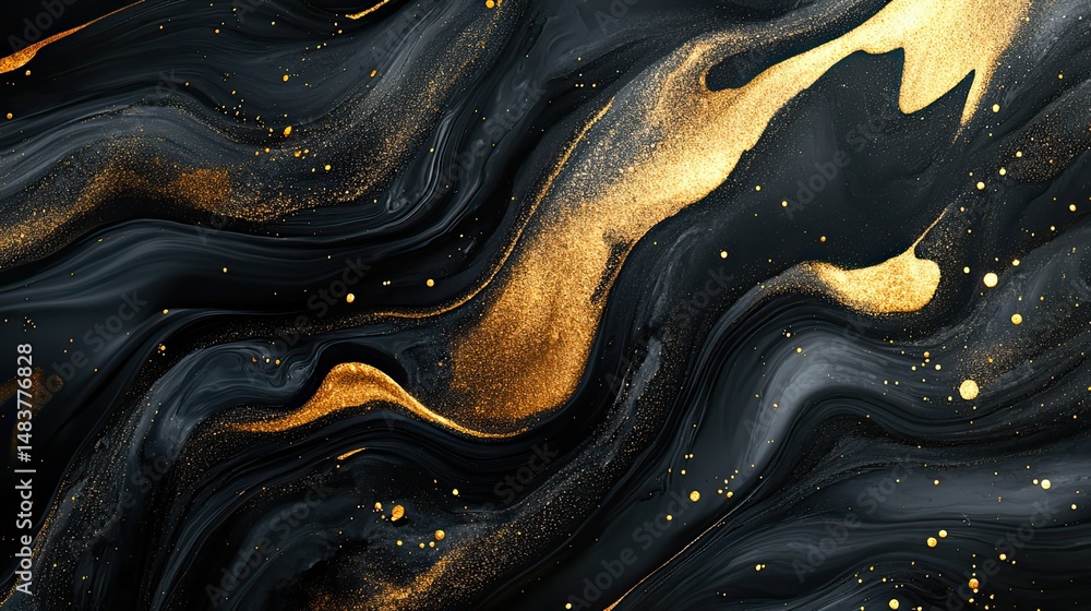 Poster abstract black and gold fluid art with shimmering particles creating a luxurious and elegant design